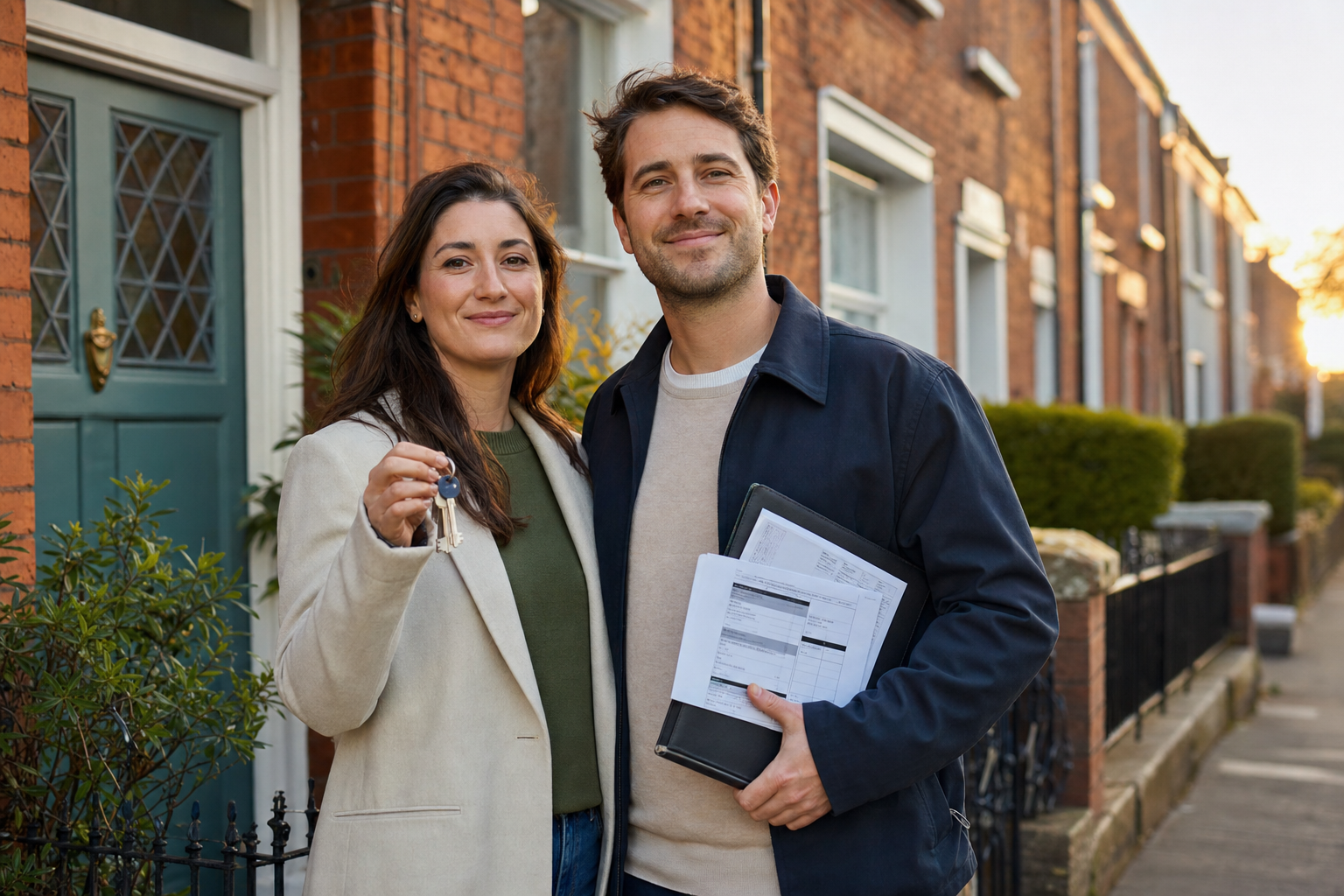 Irish contractor couple with house keys outside a Dublin red-brick home, reviewing mortgage paperwork