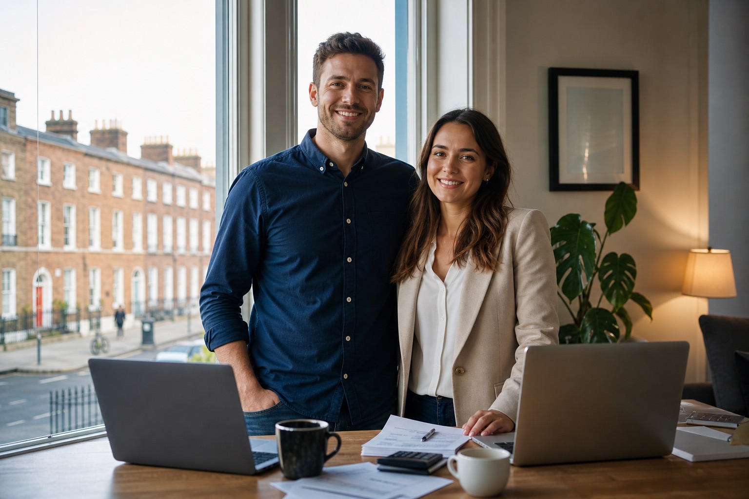 Irish employed couple reviewing household finances together at home