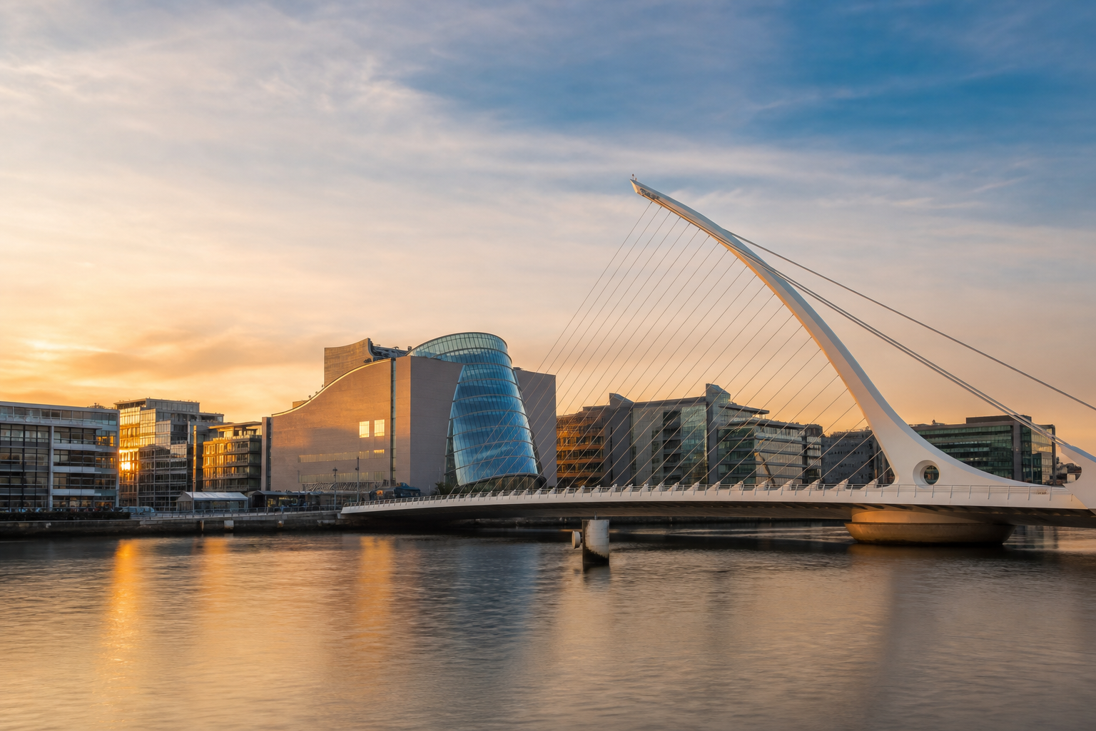 Distant view of the Samuel Beckett Bridge harp bridge over the River Liffey in Dublin