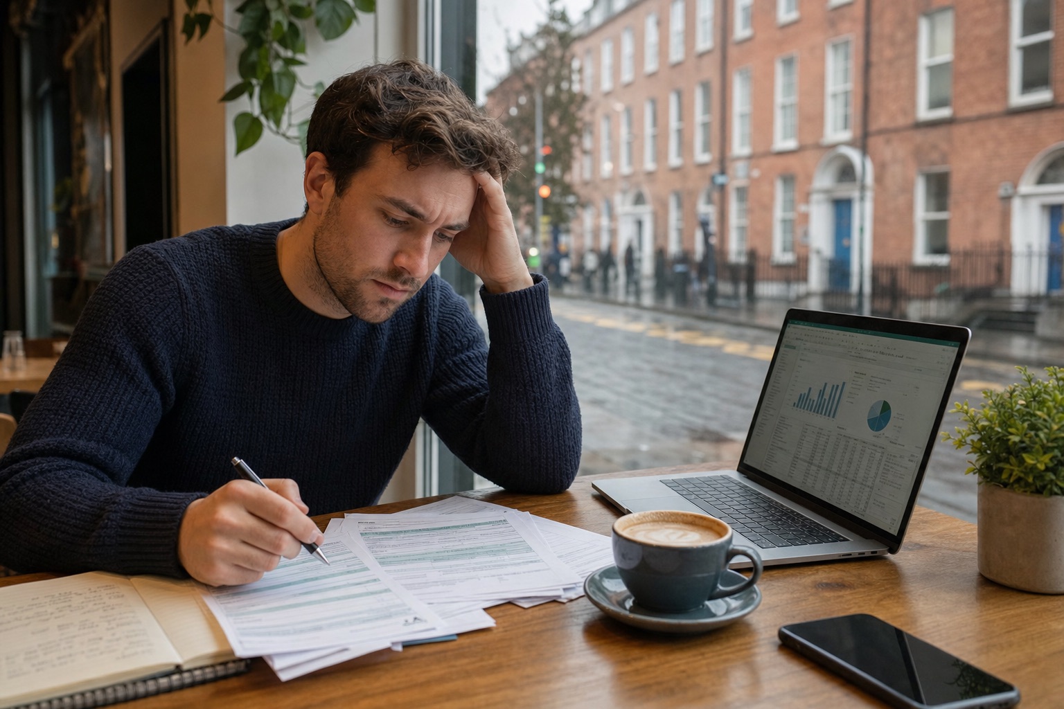 Self-employed person in Ireland looking confused while reviewing tax paperwork and a laptop