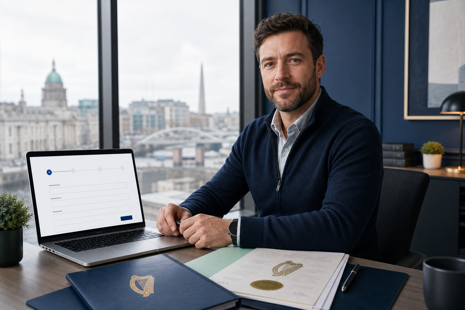 Irish contractor reviewing limited company incorporation documents at a desk with laptop