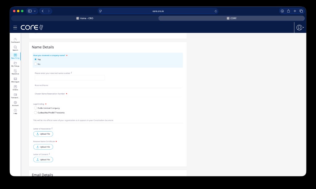 CORE Form A1 Name Details section with reserved name number and certificate upload