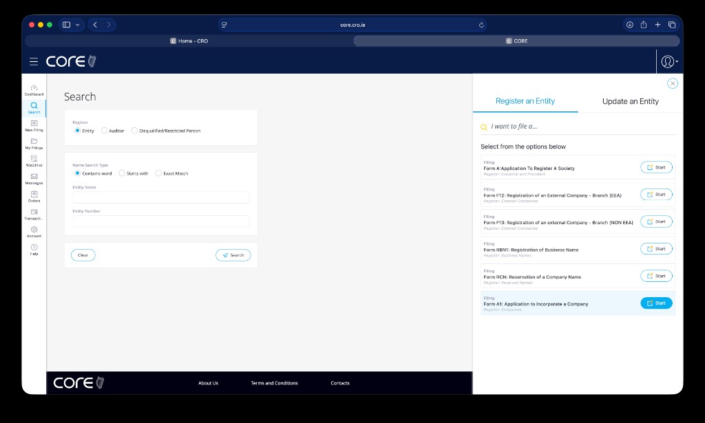 CORE Register an Entity panel with Form A1 Application to Incorporate a Company highlighted