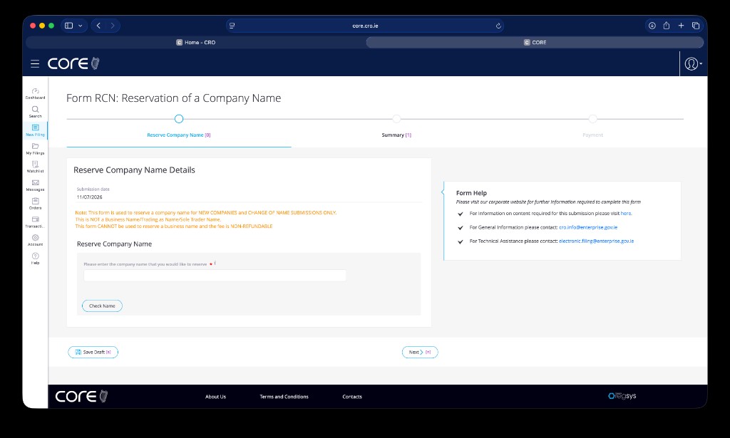 CORE Form RCN reservation of company name with Check Name button