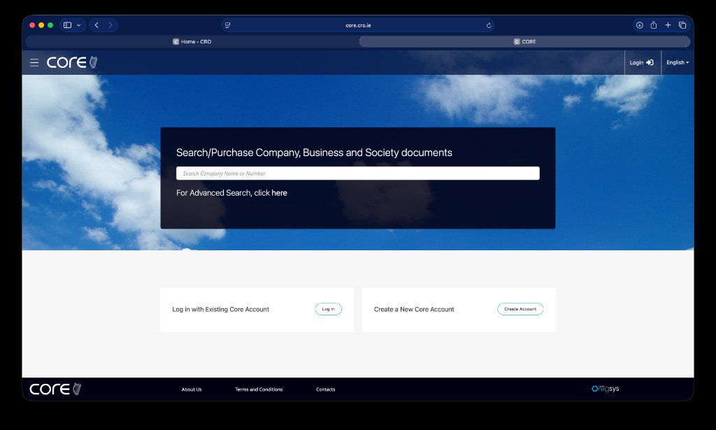 CORE portal homepage with Log In and Create Account options