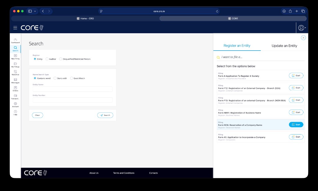 CORE search page with Register an Entity panel showing Form RCN and Form A1 options