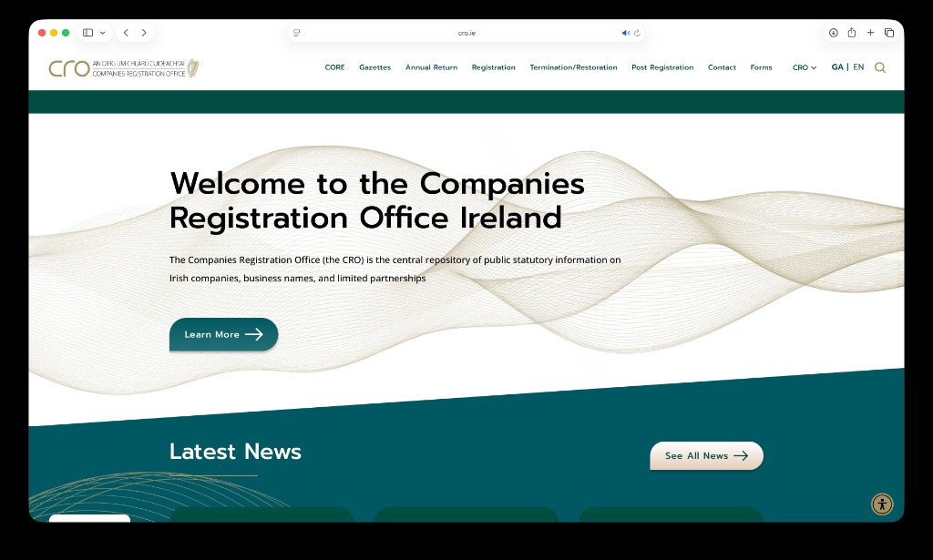 CRO Ireland homepage with CORE link in the navigation bar
